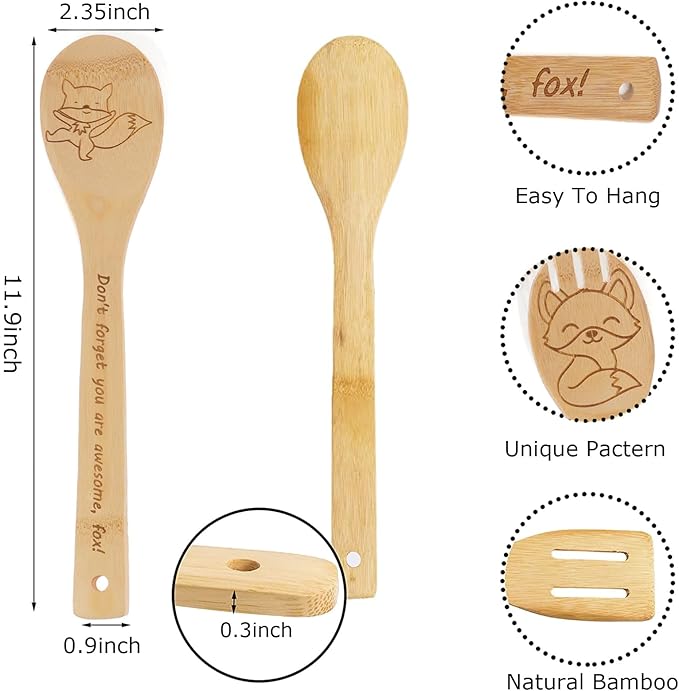 5PCS Fox Wooden Cooking Spoons Set Fox Gifts for Women Kitchen Decor Bamboo Cooking Utensil Spoons for Housewarming Wedding Anniversary Thanksgiving Christmas Gifts Mom Women