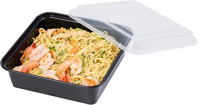 Restaurantware Take Out Containers 100 Pack of 32 oz with Clear Lids Microwave-Safe Disposable Plastic Food Storage Containers Stackable Greaseproof Black Meal Prep Square Single Compartment