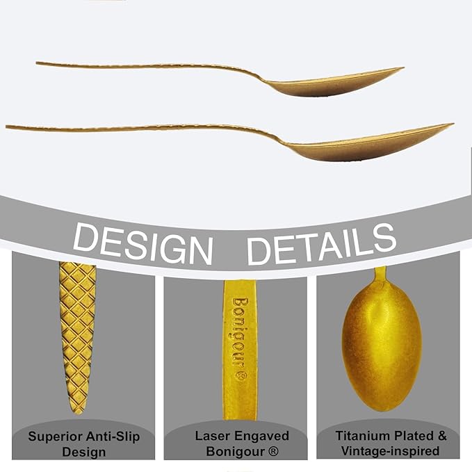 Chef Kunz Spoons - Professional Set for Basting, Plating, Quenelle, Serving, Sauces| Vintage-inspired 8" & 9" Chef Spoon Set| Culinary Plating Tools with Non-Slip Grip (Gold)
