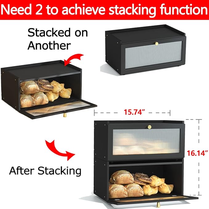 Black Bread Box for Kitchen Countertop - Modern bamboo Bread box with Window Bread Storage Container