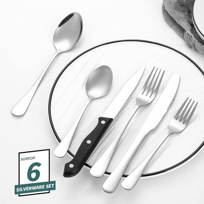 Modern Flatware Silverware Set for 4 Stainless Steel Cutlery 24 Pieces include Forks Spoons Knives Mirror Polished Dishwasher Safe Home and Restaurant Utensils