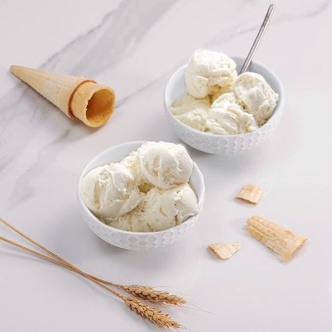 White Porcelain Small Bowls, 4.3 inch Honeycomb Grids Bowls for Ice Cream Yogurt Dessert Fruits 8 Ounce Bowl Set for Food Prep Rice Small Sid