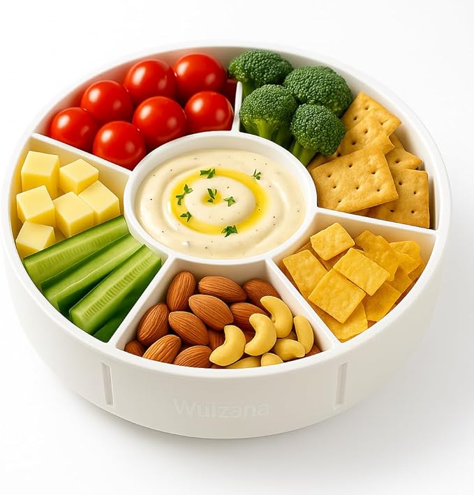 Divided Serving Tray with Lid – 6 Compartment Snack Organizer for Fruits, Veggies & Appetizers – Party Charcuterie Platter Box – Microwave, Dishwasher & Freezer Safe