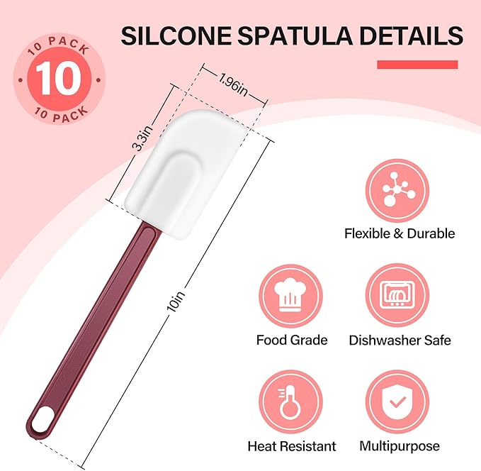 10 PCS Heat Resistant Rubber Silicone Spatula - 10 Inch Commercial Rubber Scraper for Kitchen Use Cooking Baking Mixing, Non Stick Food Scraper Baking Spatula with Sturdy Handle, Dishwasher Safe