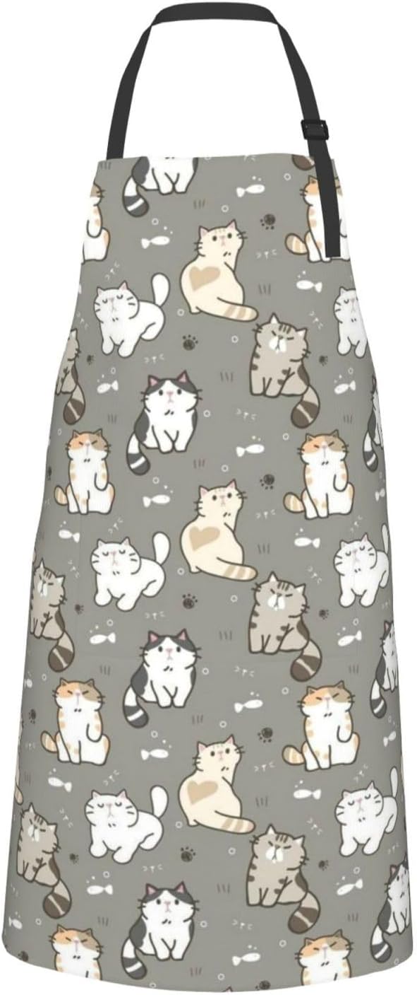 Cute Cat Apron Adjustable with 2 Pockets Cooking Kitchen Aprons for Men Women Outdoors Baking Chef Apron