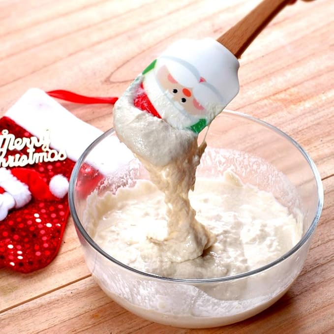 Christmas Silicone Spatula, Set of 2, Large Santa & Snow Man Spatula with Wooden Handle, Great for Christmas Decorating, Gifts and Baking(12.6inch)