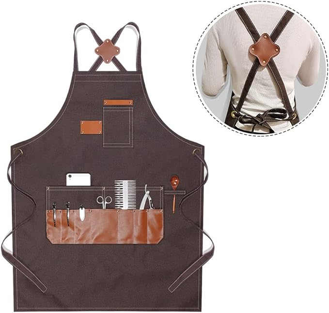 boshiho Barber Shop Apron with Pockets Arist Painting Beauty Salon Aprons for Women/Men Utility Work Apron (Canvas Coffee)