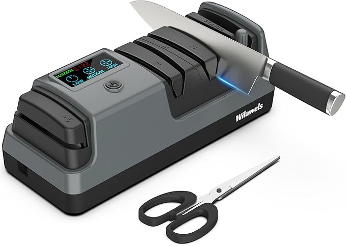 Electric Knife Sharpener, 5-in-1, 3 Rotational Speed Adjustable Electric Knife Sharpener for Straight/Serrated/Ceramic Knives, Scissors, Chef Knives, Axes, Grey H01KS06