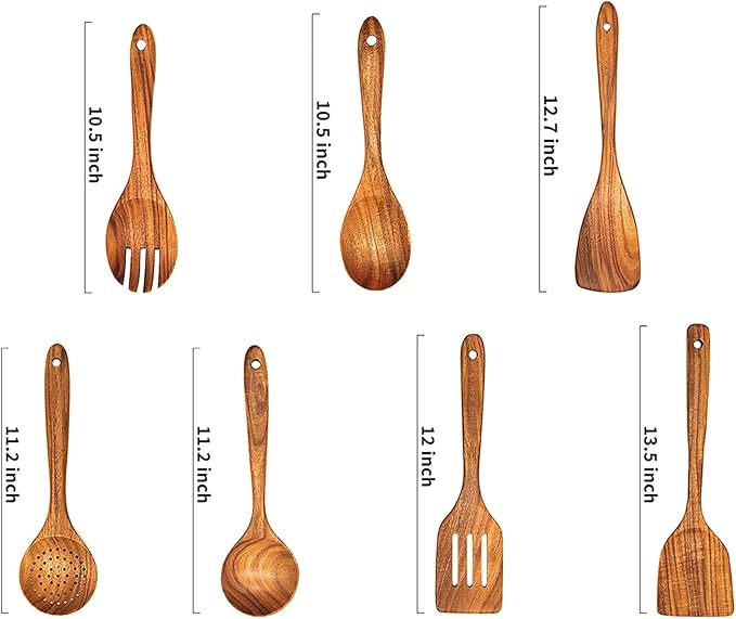 Wooden Spoons for Cooking,Wooden Utensils for Cooking 7 Pcs Wooden Cooking Utensils Wooden Kitchen Utensils Set Wooden Spatulas for Cooking, 14.37*4.13*3.54, Brown