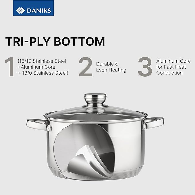Daniks Standard Stainless Steel Stock Pot with Glass Lid – Induction 10 Quart, Dishwasher Safe, Measuring Scale, For Soup, Pasta, Stew, Silver
