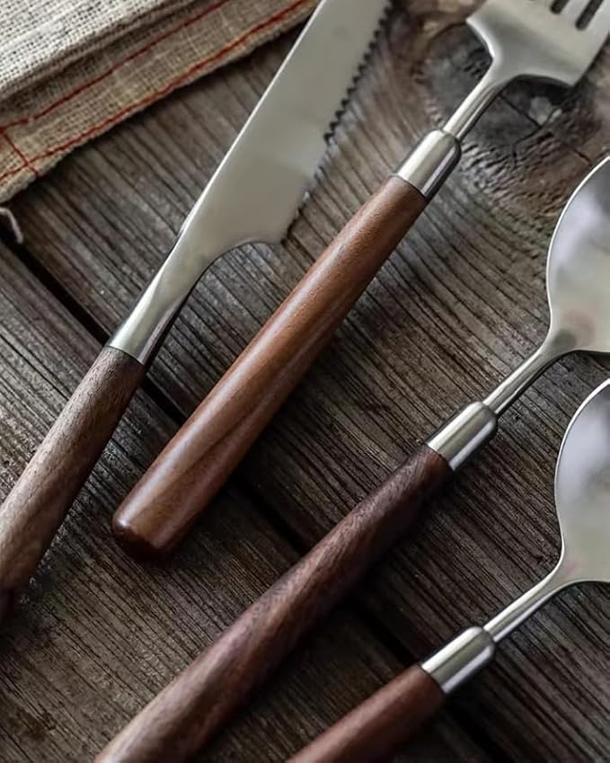 Walnut Wooden Silverware Set Flatware Set for 4 Exquisite Ergonomic Wood Handle Utensil Sets 18 10 Stainless Steel Cutlery Sets Include Fork Knife Spoon Matte Tableware,Dishwasher Safe