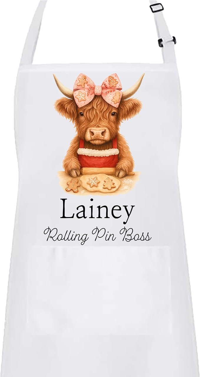 Personalized Mommy & Me Highland Cow with Bow Apron Set – Christmas Matching Family Baking Gift