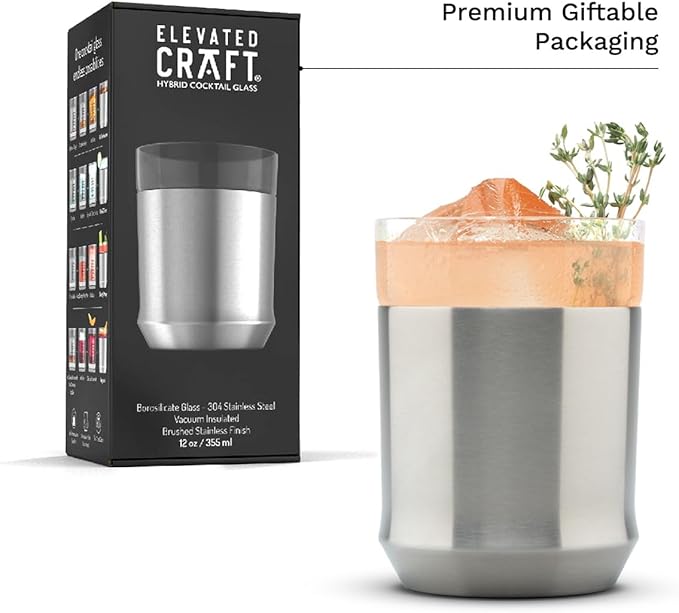 Elevated Craft Hybrid Cocktail Glass Premium Vacuum Insulated Steel Base with Removable Insert - 12oz Rocks Glass, Double Old Fashioned Lowball for Margaritas, Bourbon, Whiskey - Steel