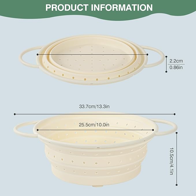Kkioiome Strainers and Colanders, Silicone Collapsible Sink Collander, 13in, Strainers and Colanders for Kitchen, Large Drainer for Vegetable, Food, Pasta (White)