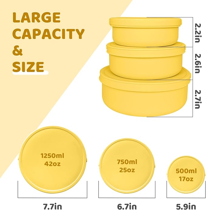Silicone Food Storage Containers Bowl, Set of 3 Reusable Silicone Bento Lunch Box Containers with Lids (17oz, 25oz, 42oz) Dishwasher, Microwave and Freezer Safe (Bright Yellow)