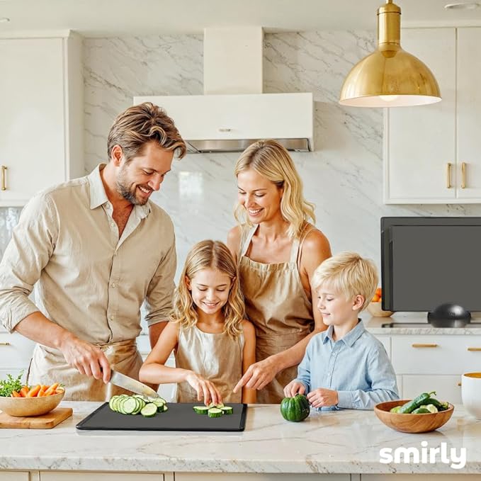 SMIRLY Plastic Cutting Board Set with Holder 4 Pieces, Non-Slip Dishwasher Safe Chopping Boards for Kitchen, Dark Grey