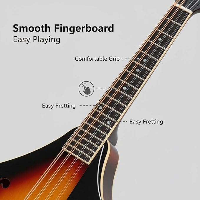 A Style Mandolin Sunset Finish 8 String Acoustic Mandolin for Beginners and Adults with Basswood Body Rosewood Fingerboard Mahogany Top Folk Bluegrass Instrument