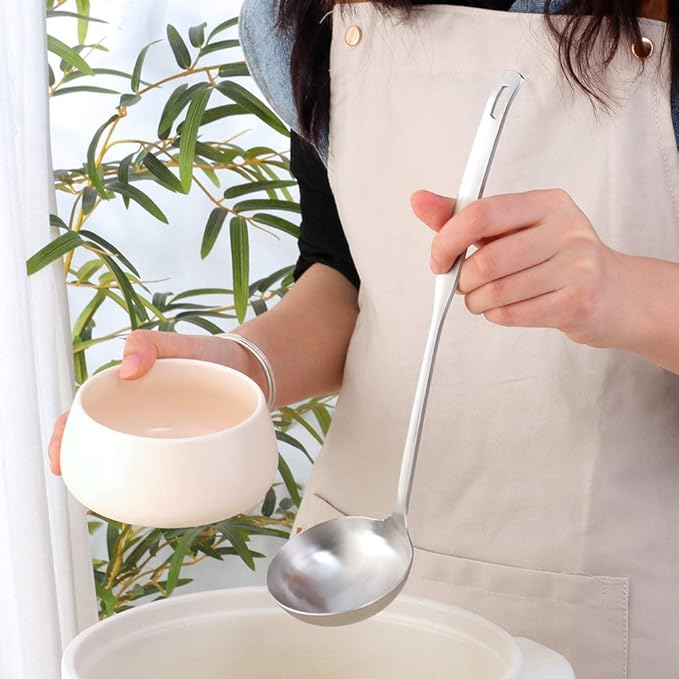 2 Pcs Soup Ladle Colander, Metallic Frosting Flatware Cookware Serving Long Handle Steel Slotted Spoon Cooking Utensil Set for Hotpot