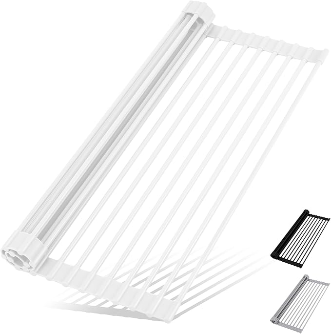 Roll Up Dish Drying Rack Over The Sink Kitchen Roll Up Sink Drying Rack Multipurpose Foldable Sink Drying Mat, Heat-Resistant, Anti-Slip & Anti-Rust Dish Rack for Kitchen, 20.5" x 13", White