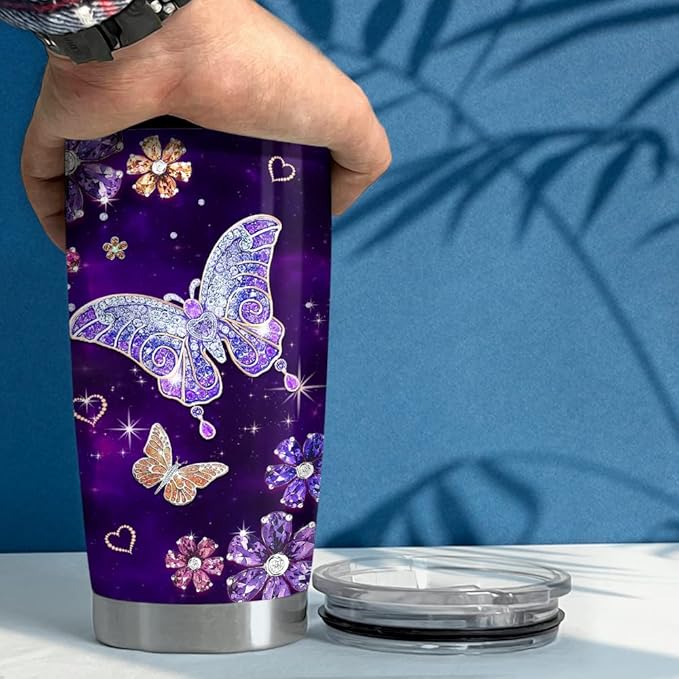 SANDJEST Purple Butterfly Tumbler Jewelry Style Butterfly Lover 20oz Tumblers with Lid Gift for Women Girl Daughter Sister Mom Christmas Birthday Present