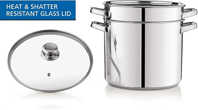 8 Qt 4-Piece Stainless Steel Multipot Set - Stock Pot with Steamer Basket, Colander & Heat-Resistant Glass Lid | Stay-Cool Handles, Durable Cookware for Large Gatherings & Daily Cooking