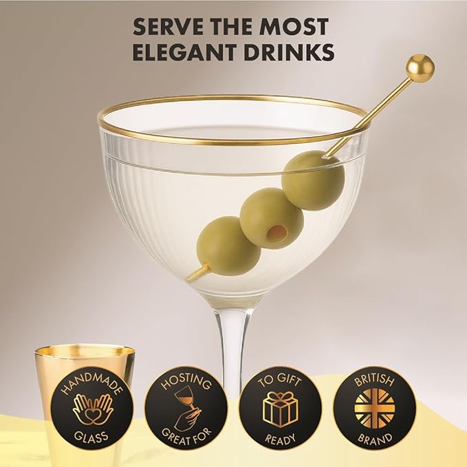 VEMACITY - Ribbed Nick and Nora Cocktail Glasses with Gold Rims (5.4oz) | Nick & Nora Glasses Set of 4, Jigger & 4 Picks - Vintage Glassware | Gimlet Cocktail Glasses | Ideal for Christmas & New Years