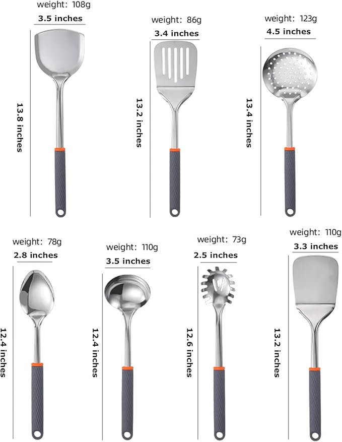 7-Piece Kitchen Utensil Set for Non-Stick Cookware - Stainless Steel with Silicone, Heat Resistant, Easy Grip, Gray & Orange