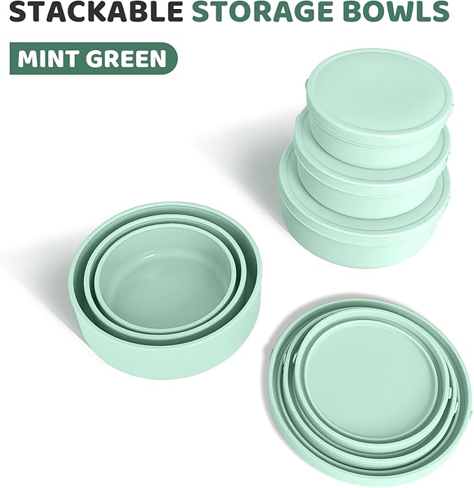 Silicone Food Storage Containers Bowl, Set of 3 Reusable Silicone Bento Lunch Box Containers with Lids (17oz, 25oz, 42oz) Dishwasher, Microwave and Freezer Safe Mint Green