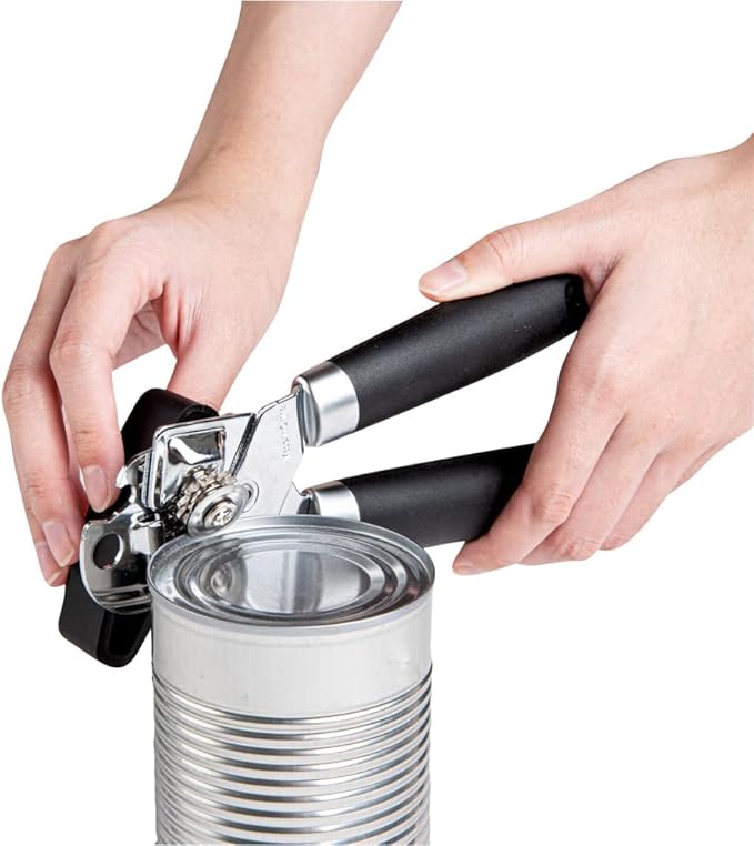 Restaurantware Comfy Grip 7.6 x 1.9 x 2.1 Inch Can Opener 1 Durable Manual Can Opener - Sharp Wheel Blade Grip Handle Black Stainless Steel Hand-Held Can Opener Built-In Bottle Opener