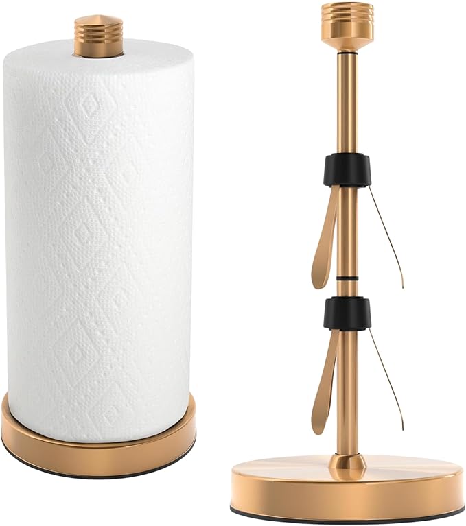 Dear Household Stainless Steel Paper Towel Holder Easy One-Handed Operation - This Sturdy Weighted Paper Towel Dispenser Countertop Model Has Suction Cups and Holds All Paper Towel Rolls - Gold