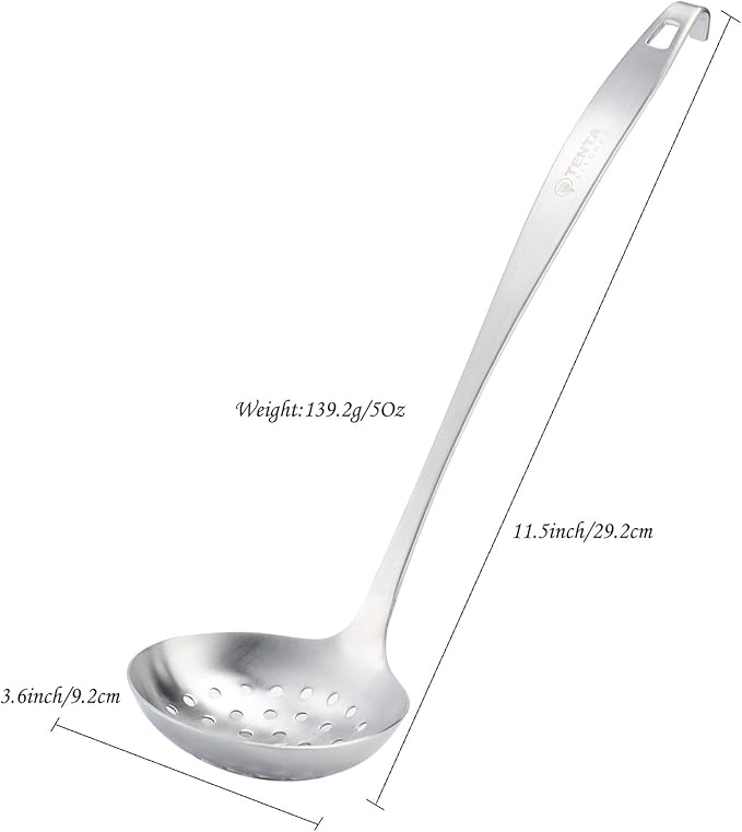 TENTA Kitchen Dia 9CM One Piece Stainless Steel Skimmer/Slotted Spoon/Strainer Ladle with Hook and Hole for Easy Hanging,11.5"x 3.6"