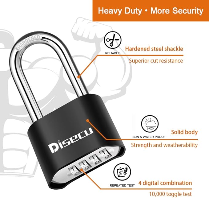 1 Pack disecu Heavy Duty 4 Digit Combination Lock, 2.5 Inch Long Shackle Outdoor Waterproof Padlock for School Gym Locker, Storage Unit, Fence, Gate, Toolbox (Black)