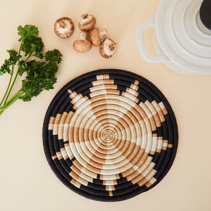 Brown Flower Woven Trivet Set, Trivets for Dishes, Pots and Pans, Heat Resistant Hot Pads, Pot Holders for Table, Plate Mats for Countertops, Kitchen Table Accessories, 8" Wide, Boho Decor