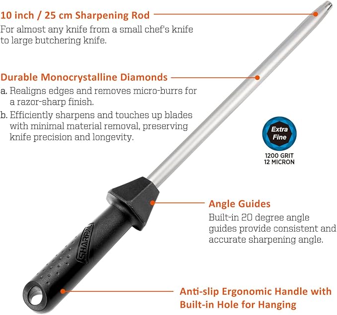 SHARPAL 119N Diamond Sharpening Steel – Professional Solid Knife Sharpener Honing Rod with Built-In Angle Guides, Sharpens, Realigns, and Polishes Edges for Chef and Kitchen Knives