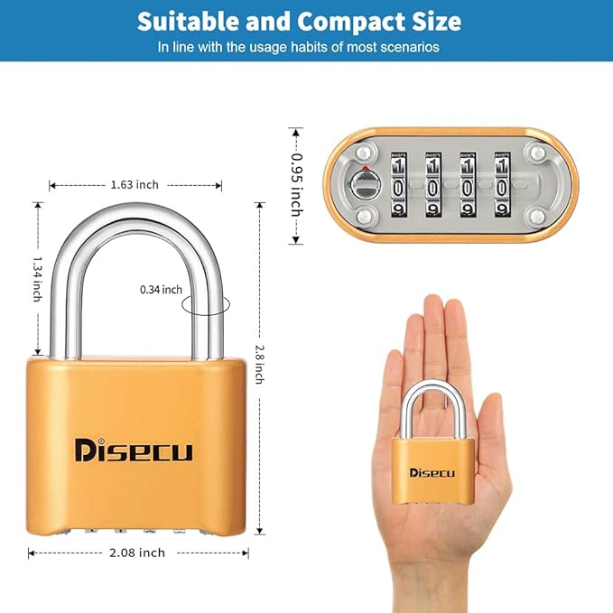 1 Pack disecu Heavy Duty 4 Digit Combination Lock, Anti-Error Feature, Outdoor Waterproof Padlock for School Gym Locker, Fence, Gate, Hasp Storage, Toolbox (Brass)
