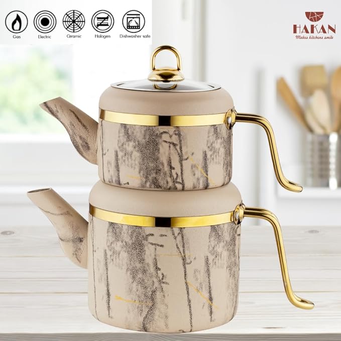 Hakan Melody Turkish Tea Pot Set | 3.5 L Tea Kettles for Stovetop with Stainless Steel Handless and Glass Lid | Aluminum Body Tea Maker | Double Stovetop Kettles with Granite Cover (cream)