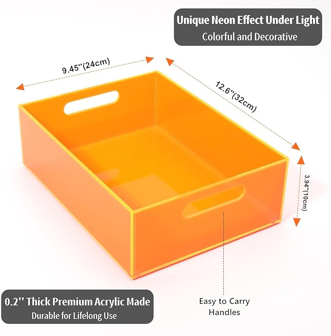 Acrylic Storage Bin Pantry Storage Container with Handles Kitchen Organizer Bin for Cabinet Cupboard Organization, Heavy Duty, 12.6 x 9.4 x 4'', Neon Orange