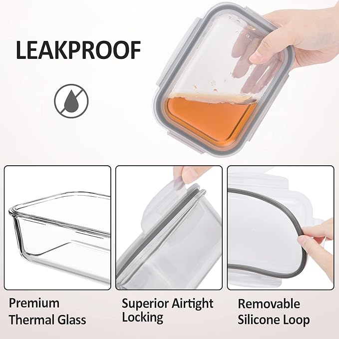 Glass Food Storage Containers with Lids Airtight 6 Pack, Glass Storage Containers with Lids for Food, Not Easy Broken & Leak Proof, Oven/Dishwasher Safe, Grey
