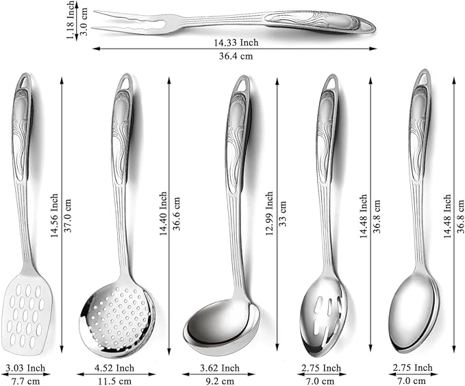 Berglander Stainless Steel Kitchen Utensils Set 6 Pcs, Cooking Utensil Sets, Kitchen Gadgets Essentials Include Metal Spatula Set, Skimmer, Ladle, Serving Spoon, Slotted Spoon, Carving Fork