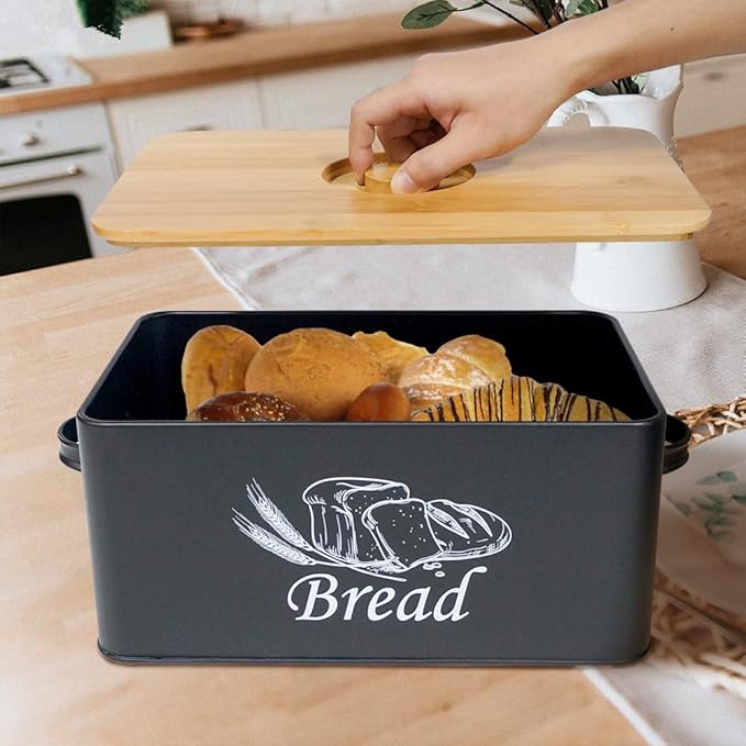 SOTECH Bread Box with 3pcs Jars Coffee Sugar Tea for Kitchen Countertop White Metal Bread Box with Bamboo Board Cover Pastry Storage Container Set Kitchen decor (Black Box and Jars)