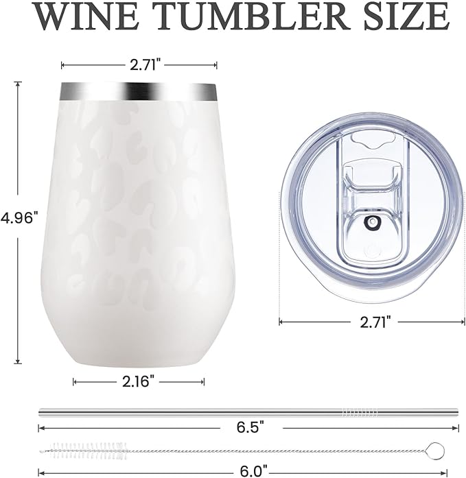 MEWAY 12oz Insulated Wine Tumbler Bulk, Double Wall Vacuum Stainless Steel Travel Tumbler with Straw,Travel wine tumbler, 4 pack of wine tumbler glasses(Almond Leopard,Set of 4)