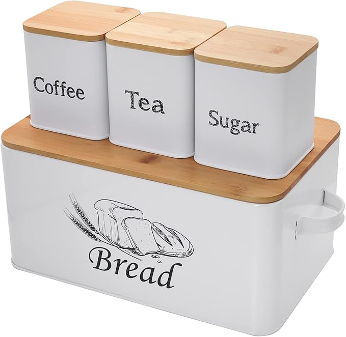 SOTECH Bread Box with 3pcs Jars Coffee Sugar Tea for Kitchen Countertop White Metal Bread Box with Bamboo Board Cover Pastry Storage Container Set Kitchen decor (White Box and Jars)