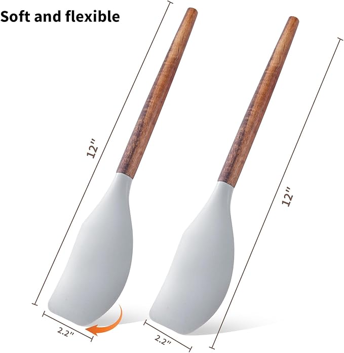 Silicone Spatula 2pcs for Baking Cooking Spatulas Set for Mixing Good Grips Silicone Spatulas Acacia Spatula Food Grade 12" Solid Wood Handle Heat Resistant Up to 600°F for Nonstick Cookware