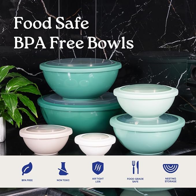 WHYSKO Mixing Bowl Set, 12 Piece Colorful Plastic Mixing Bowls with Lids Set for Food Prep Storage and Serving, Microwave and Dishwasher Safe for Kitchen Baking Cooking