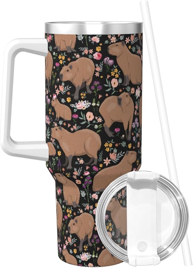 Capybara Gifts Capybara Tumbler Cute Water Bottle Cups for Girls, Teens, Women, Men Stainless Steel Vacuum Insulated 40oz Tumbler with Lid and Straw for Water, Iced Tea or Coffee, Black