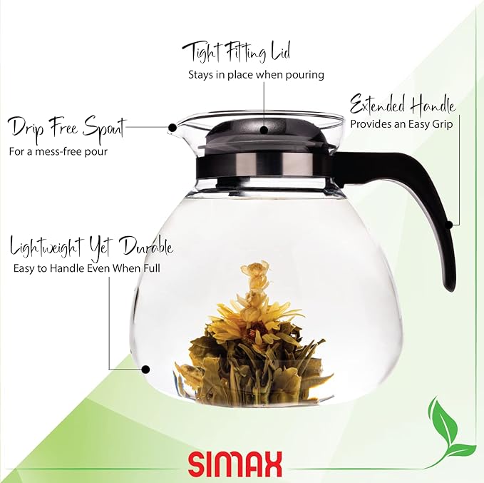 Simax Glassware 2.5 Quart Glass Teapot | Short Spout, Stay Cool Plastic Handle and Lid, Stovetop and Dishwasher Safe, Heat, Cold, and Thermal Shock Resistant Borosilicate Glass