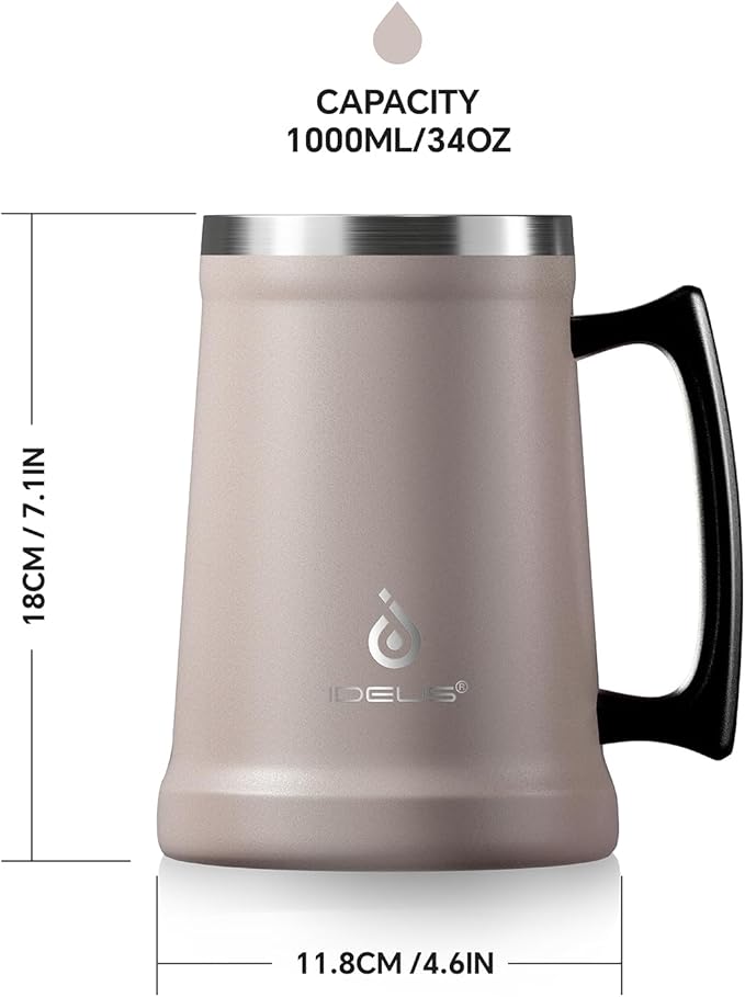 Ideus Insulated Beer Stein, 24/32oz Stainless Steel Double Walled Beer Mug Giant Bar Drinkware Metal Beer Cup with Big Grip Handle (Dusty Pink, 34oz (1,000ml))