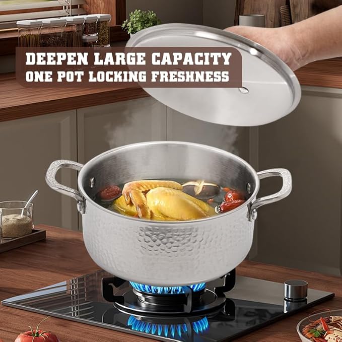 Vivicreate Tri-Ply Stainless Steel Stockpot – Deep Cooking Pot with Hammered Exterior, Compatible with All Stovetops, Even Heat Distribution, Durable Cookware for Soups, Stews, and More(5QT)