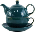 YBK Tech Ceramic Tea for One Set, 12oz Teapot and 8.2oz Cup with Saucer (Peacock Green)