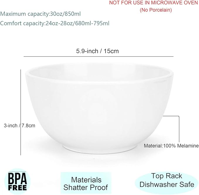 KX-WARE Melamine Bowls with Lids set - 28oz 6inch 100% Melamine Cereal/Soup/Salad Bowls, Set of 6 White | Shatter-Proof and Chip-Resistant Dishwasher Safe, BPA Free